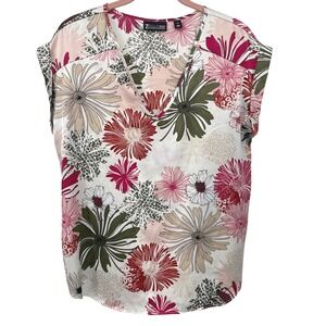 7th Avenue New York & Company Floral Cap Sleeve V-Neck Blouse Pink Green Medium
